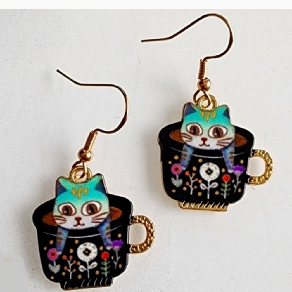 BOHO Coffee Cup Cat Earrings Just Stunning EO